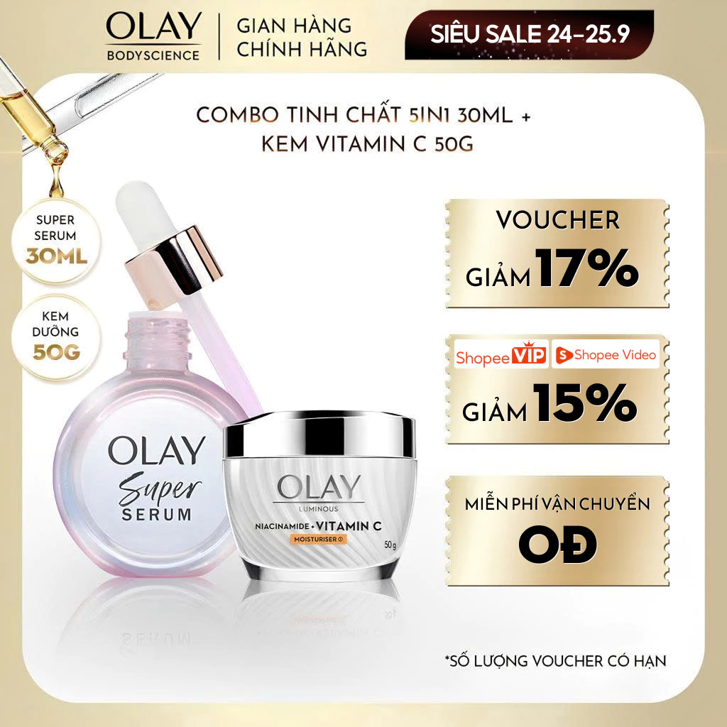 Combo Super Serum OLAY 5IN1 Chai 30ml + Kem Dưỡng Luminous Niacinamide & Vitamin C Mờ Thâm Dưỡng Sáng Da 50G