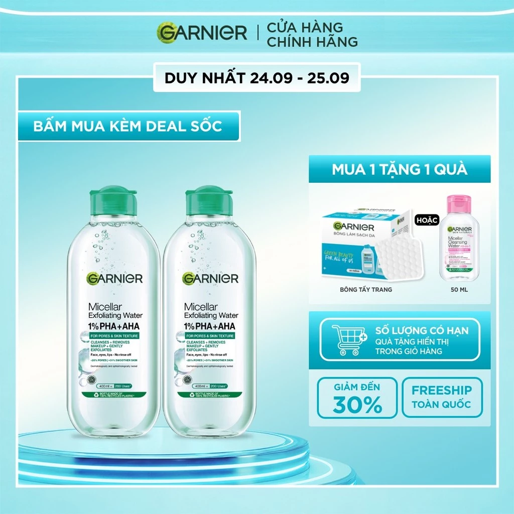 Bộ 2 nước Tẩy Trang sạch sâu & làm sạch tế bào da chết - Garnier Micellar Exfolliating Water 400mlX2