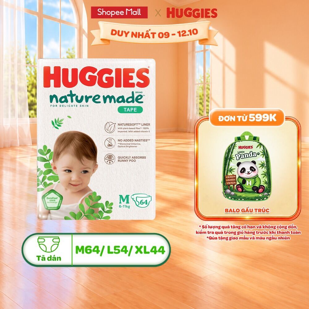 Tã/Bỉm dán sơ sinh Huggies NatureMade NB60 (dưới 5kg)/S82(4-8kg)…