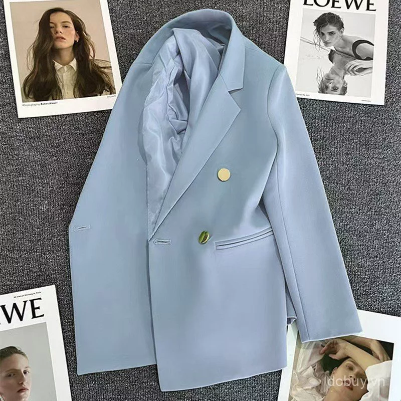 Áo Blazer đôi ngực màu xanh bạc hà tươi mát dành cho nữ, áo khoác hai tông màu vàng có nút dáng rộng ngoại cỡ