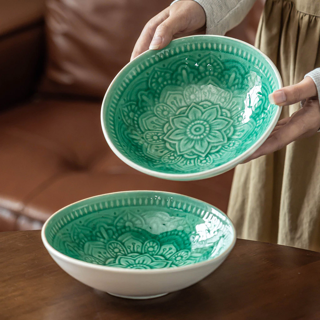[Sản phẩm mới] Bát Salad Retro Họa Tiết Xanh Bát Gốm Gia Đình Giá Trị Cao Bát Rau Quả Tròn Bộ Đồ Ăn Mì