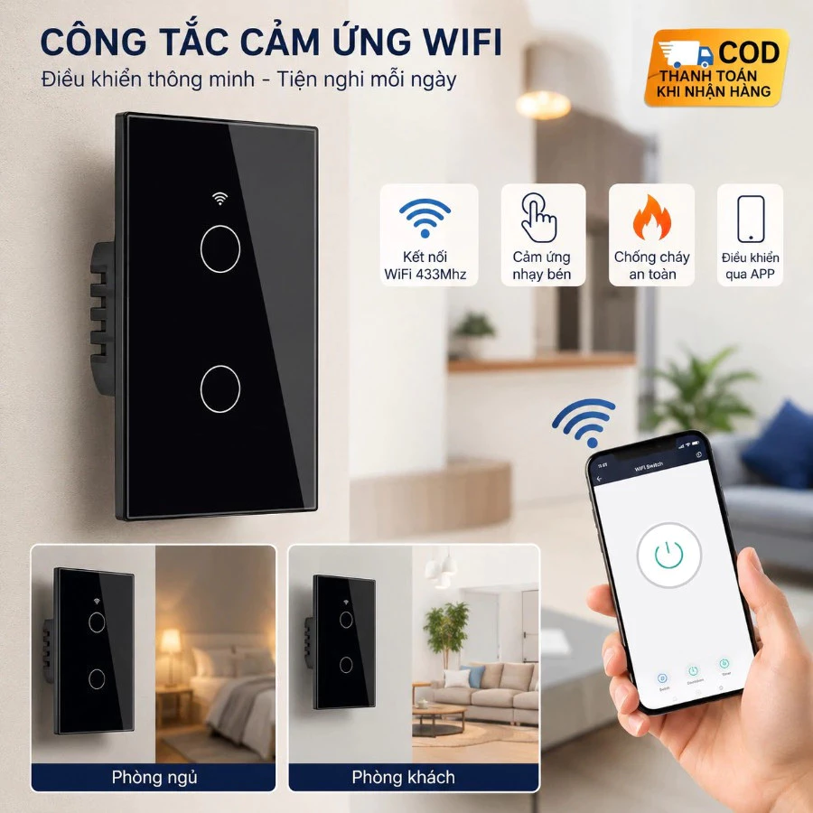 Tuya WiFi  Công tắc đèn thông rung tính Công tắc cảm ứng tường loại hoạt động với Alexa chống nước chống cháy