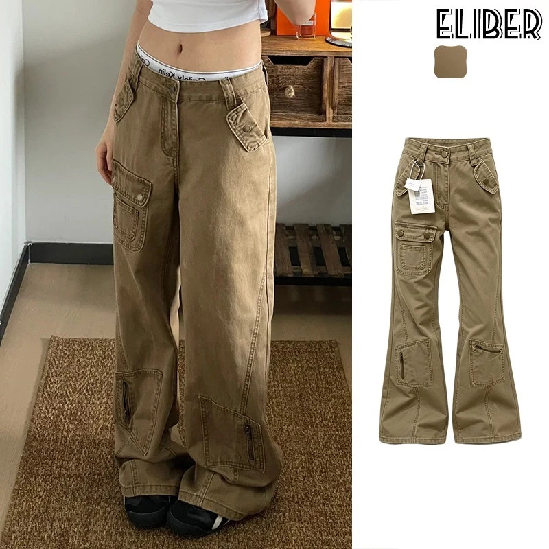 ELIBER- Quần Jean Gaojie Weila Nữ Quần Yếm Ống Thẳng Nhiều Túi Quần Ống Rộng Tôn Dáng Gầy