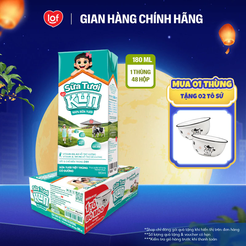 100% sữa tươi KUN có đường thùng 48 hộp x 180ml