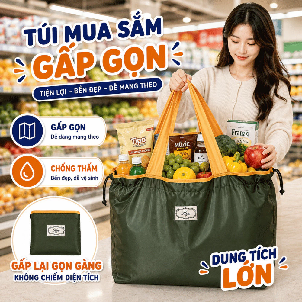 Túi Đi Chợ Đa Năng Cỡ Lớn Gấp Gọn Chống Nước, Túi Tote Đựng Đồ Mua Sắm, Đi Làm Du Lịch Tiện Lợi NH50
