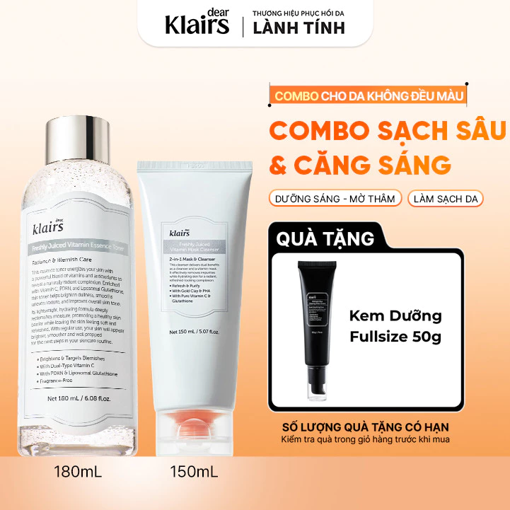 Combo Dear, Klairs Sữa rửa mặt Vitamin Mask Cleanser 150ml + Nước hoa hồng Vitamin Essence Toner 180ml [FS]