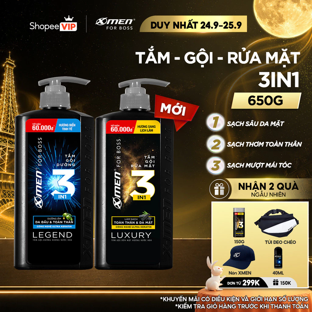 [SVIP] Tắm Gội Rửa Mặt XMen for Boss 3in1 Luxury 630g 350g / Tắm Gội Legend 630g / Intense 650g Hương Nước Hoa Châu Âu