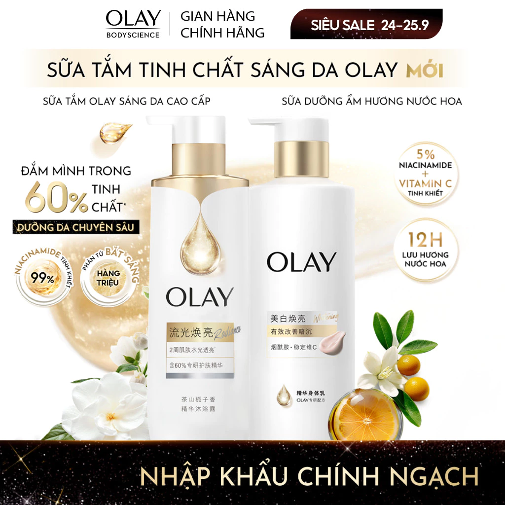 Combo Sữa tắm Sáng Da Olay & Sữa dưỡng thể sáng da Olay hương nước hoa với 5% niacinamde & vitamin C