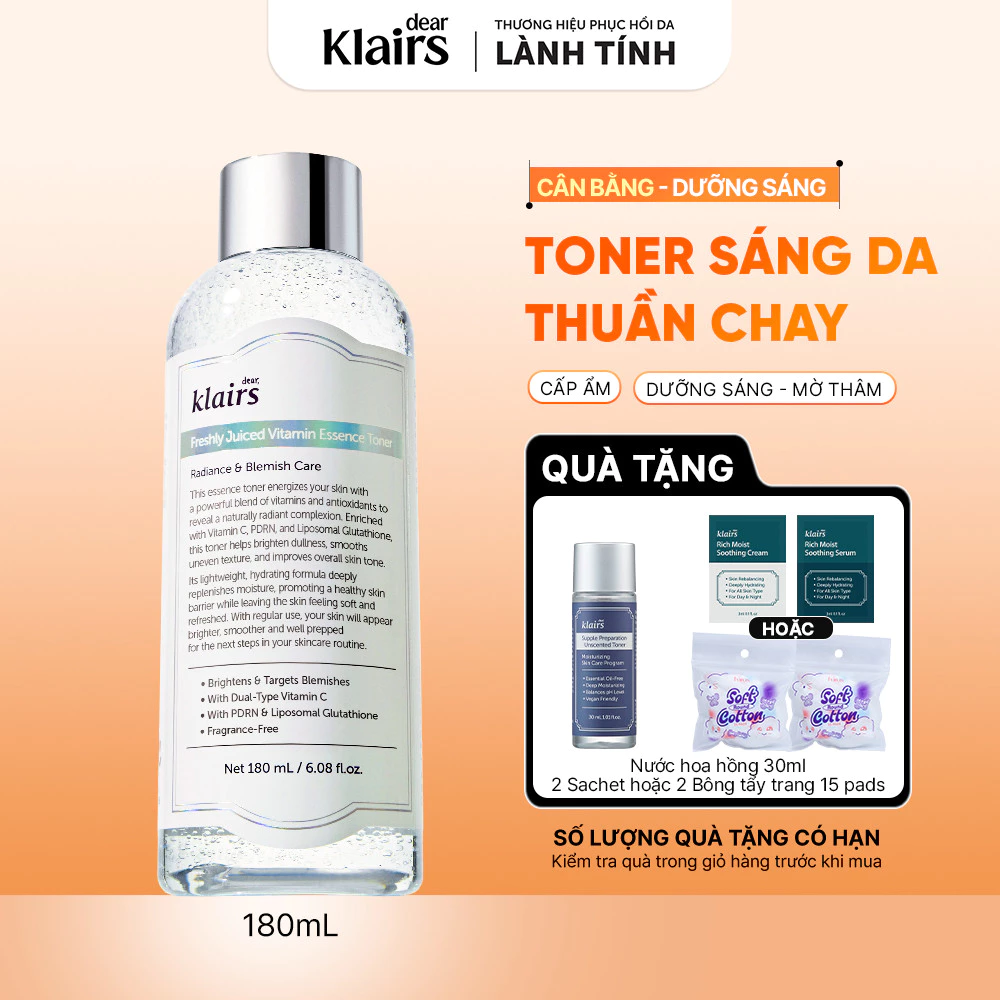 Nước hoa hồng Dear, Klairs Freshly Juiced Vitamin Essence Toner hỗ trợ làm sáng da 180ml [FS]