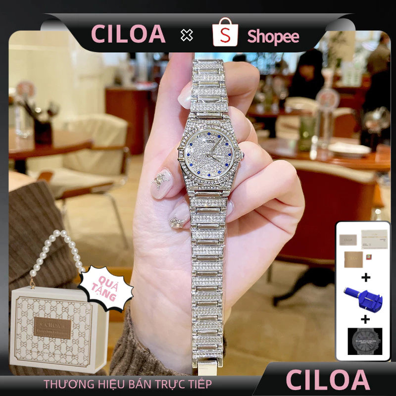 CILOA Mới Nữ Cao Cấp Full Kim Cương Dây Đeo Thép Không Gỉ Cao Cấp Chính Hãng Bé Gái Đồng Hồ Thạch Anh Chống Thấm Nước 638