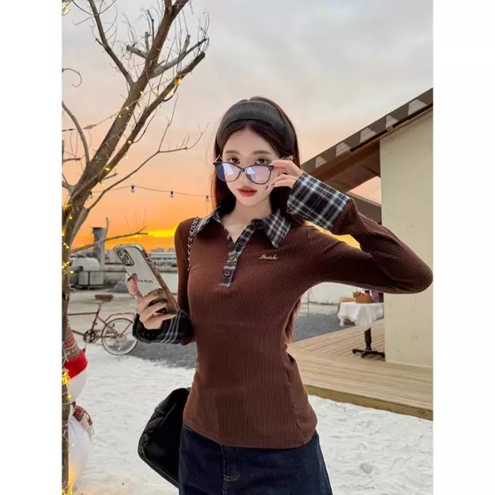 Phụ Nữ Thu Đông Lớp Bên Trong Vintage Giả Hai Lớp Kẻ Sọc Chắp Vá Tay Dài Áo Top