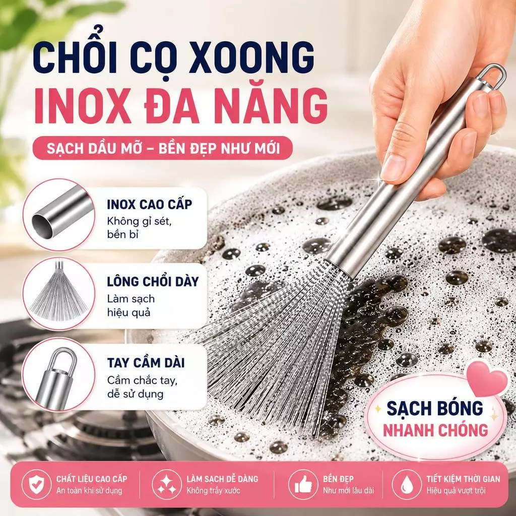 Chổi Cọ Rửa Bát Inox 304 Cọ Xoong Nồi Chảo Có Tay Cầm Chống Trầy Xước Tiện Dụng Cho Nhà Bếp - GD369