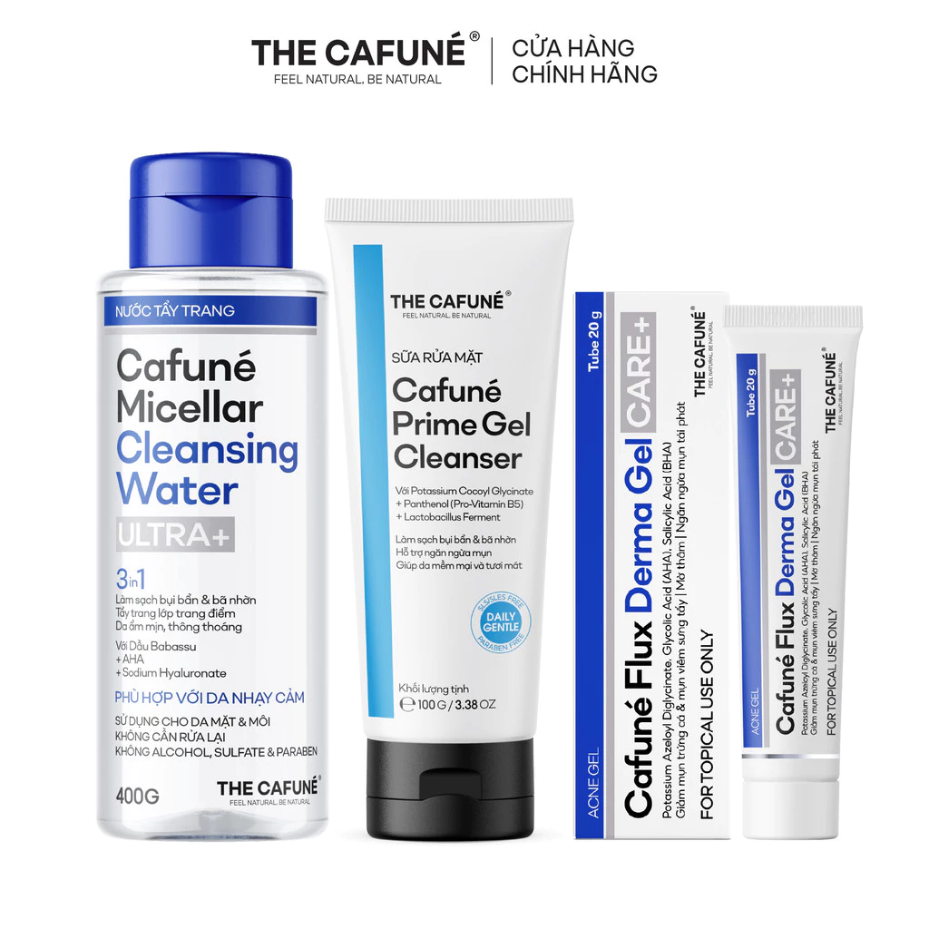 [COMBO GIẢM 29%] Combo 3 Bước Chăm Sóc Da Mụn Cafuné: Tẩy Trang Ultra+ + Sữa Rửa Mặt Prime + Gel Chấm Mụn Flux Derma