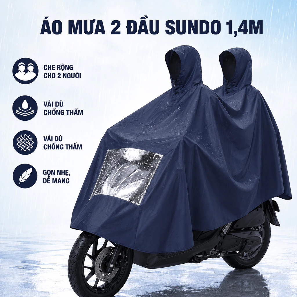 Áo Mưa 2 Đầu Poncho Sundo Vải Dù Phủ PVC Dài 1m4, Áo Mưa Đôi Có Kính Đèn Chống Thấm