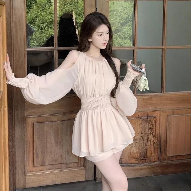 Pháp Nhẹ Nhàng Ngoài Vai Dài Tay Nẹp Tay Áo Sơ Mi Voan Nữ Mùa Hè Ngọt Ngào Phù Hợp Với Thường Ngày Thẳng
