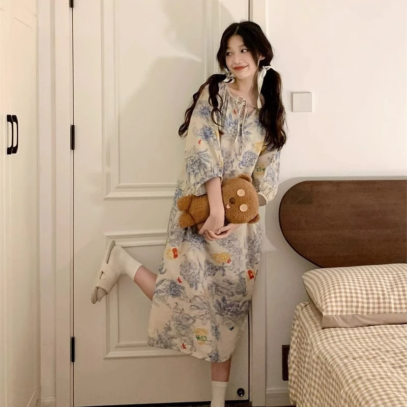 Váy ngủ mùa hè mới nhất - Phong cách Hàn Quốc thời trang - Họa tiết hoa nhí - Dáng rộng thoải mái - Cotton nguyên chất mỏng nhẹ - Dáng dài - Đồ ngủ tại nhà thoải mái - Mẫu hot bán chạy - Free ship ✅ Giao hàng trong ngày