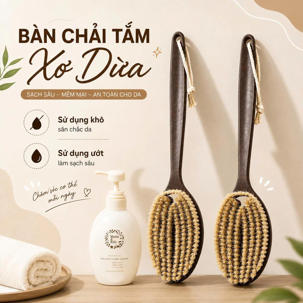Bàn Chải Tắm Xơ Dừa Làm Sạch Sâu Săn Chắc Da Cọ Tắm Cán Dài Azstore VN-9208