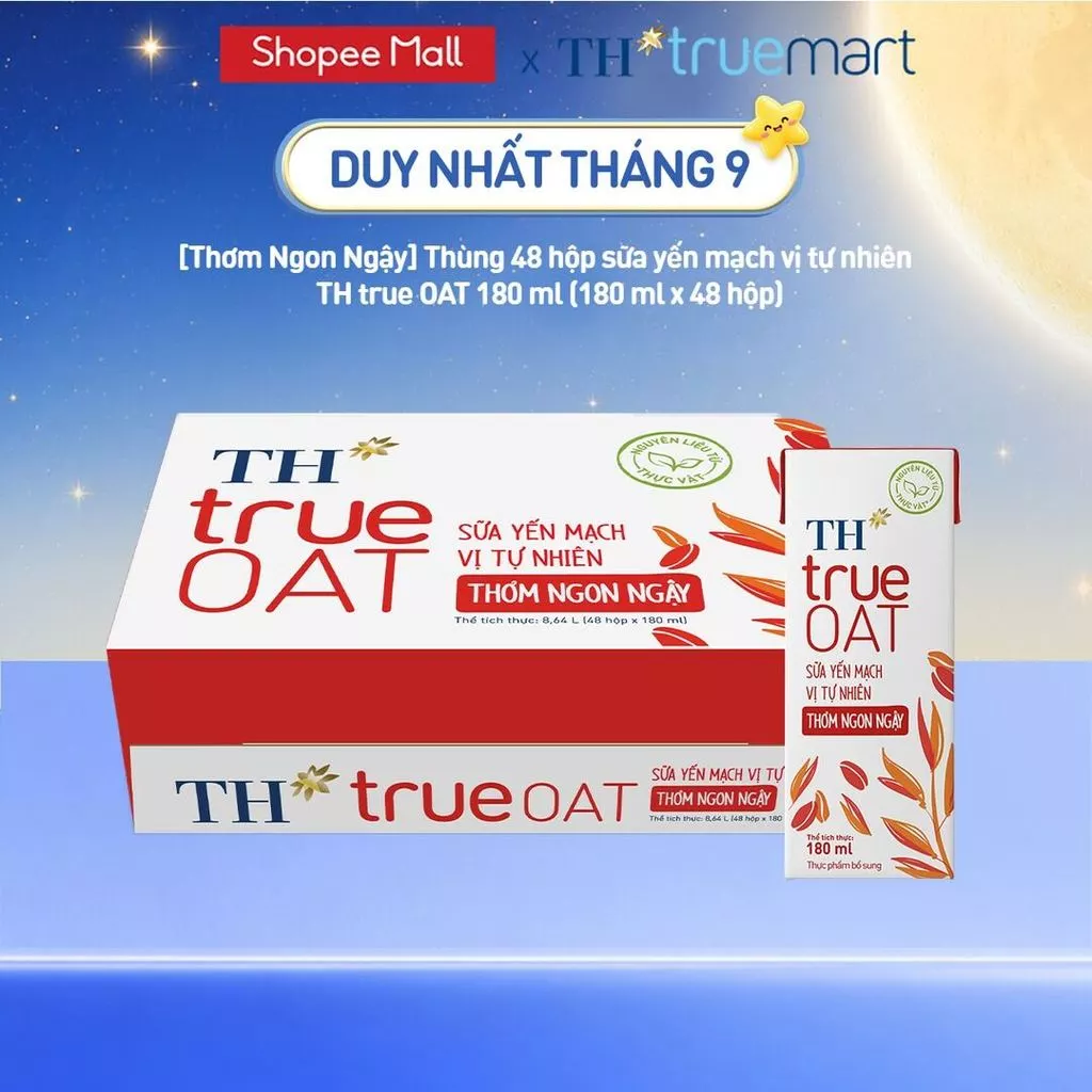 [MỚI - VC 25%] [LIVESTREAM] Thùng 48 hộp sữa yến mạch vị tự nhiên Thơm Ngon Ngậy TH true OAT 180 ml (180 ml x 48 hộp)