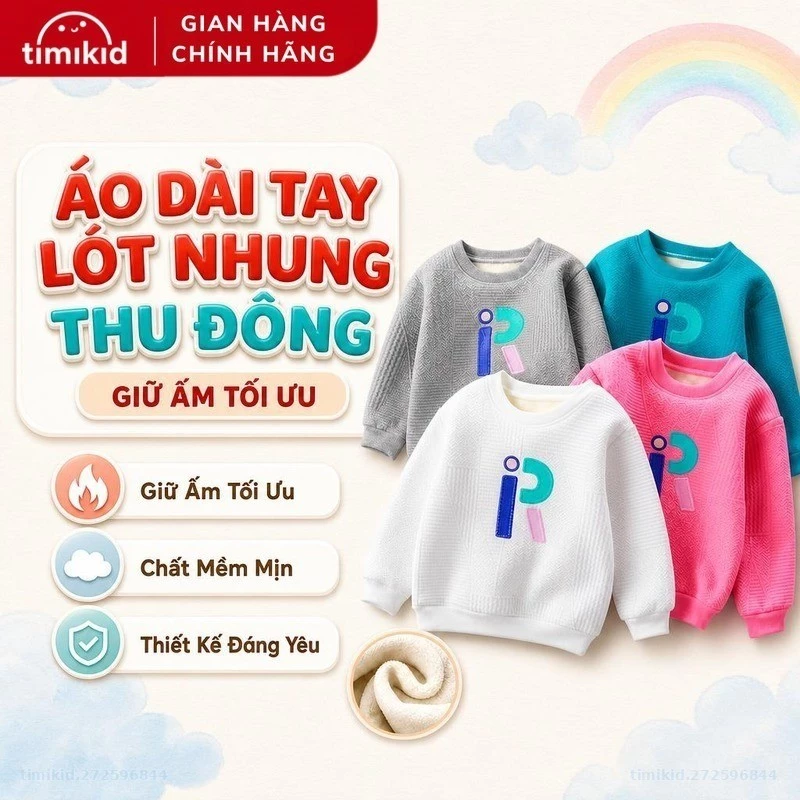 Áo Dài Tay Lót Nhung Thu Đông Cho Bé Link Card Chất Mềm Mịn, Thoải Mái Hàng Quảng Châu Cao Cấp - Timikid