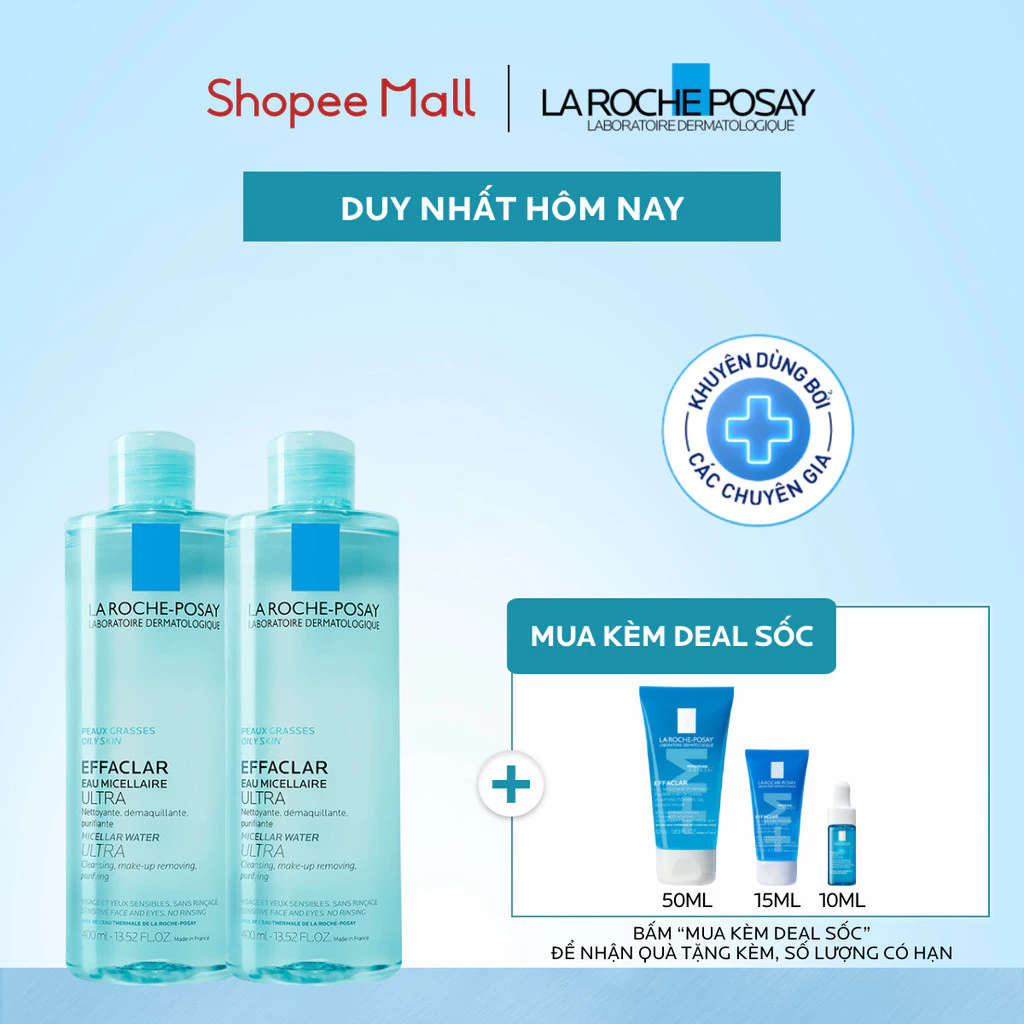Bộ đôi nước tẩy trang cho da mụn, da dầu nam & nữ La Roche-Posay Efffaclar Micellar Water 400ml