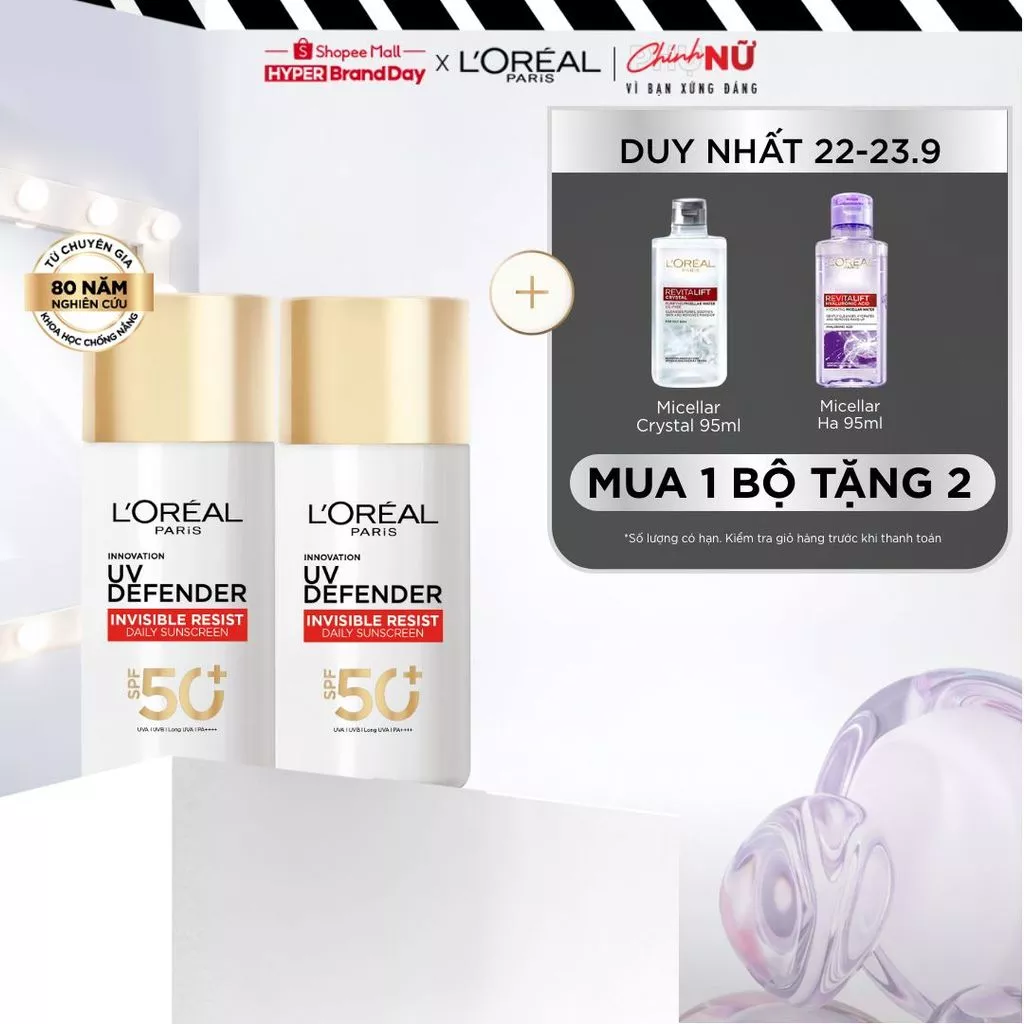 PB- Bộ 2 Sữa Chống Nắng Phổ Rộng Vô Hình Thoáng Da Kháng Mọi Tác Động Invisible Resist SPF 50+ PA++++ L’Oréal Paris 50ml