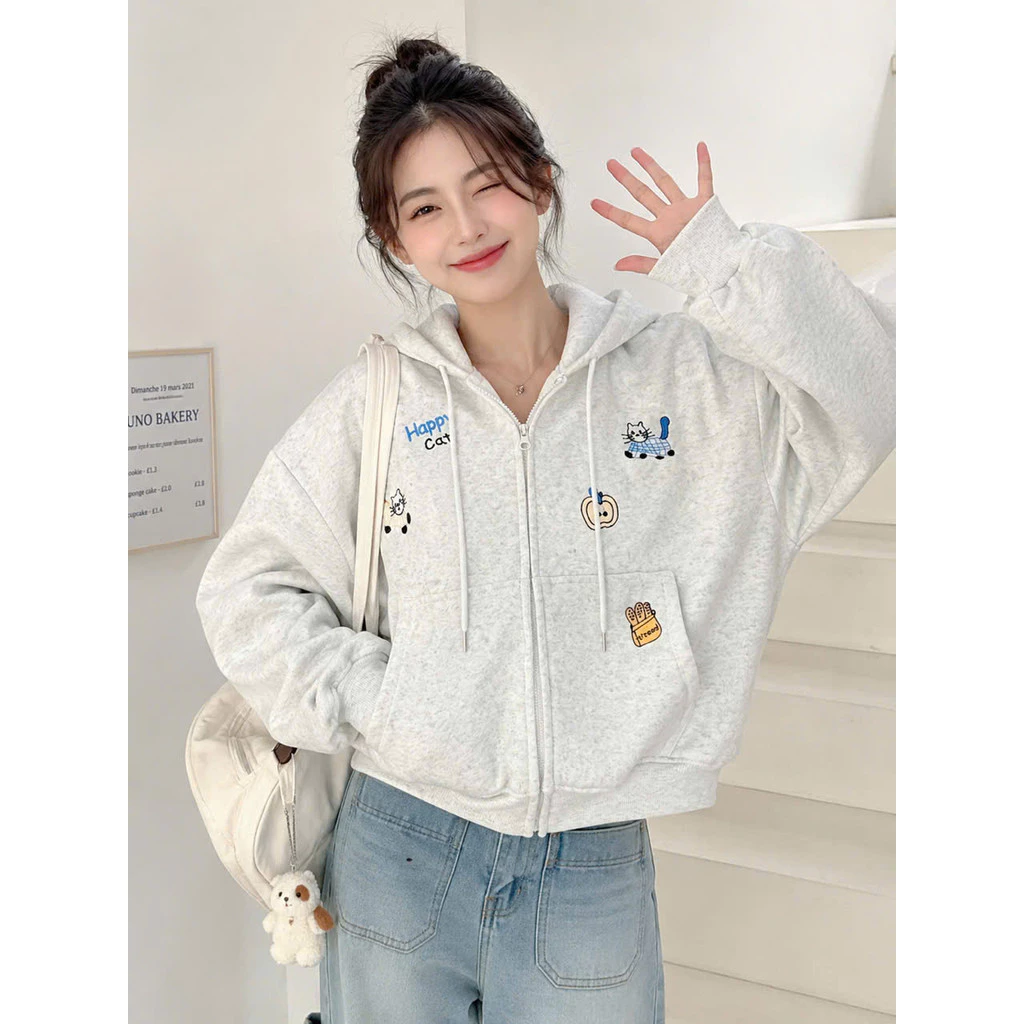 Áo Khoác Nỉ Hoodie Thêu Mèo Dễ Thương Form Rộng Khóa Kéo Dày Dặn Phong Cách Hàn Quốc Nữ  NY NA STORE