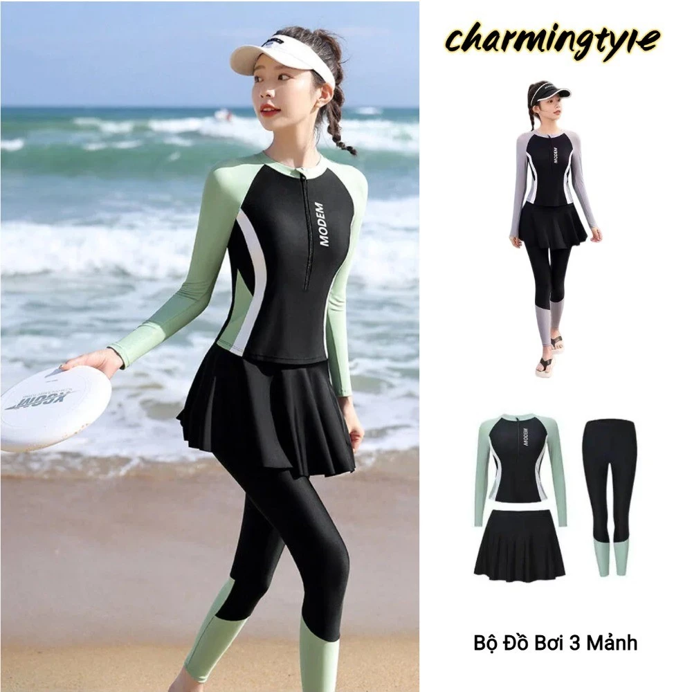 Bộ Đồ Bơi 3 Mảnh Mùa Hè Mới Dành Cho Nữ: Áo Dài Tay Chống Nắng Thể Thao, Váy, Quần Dài.