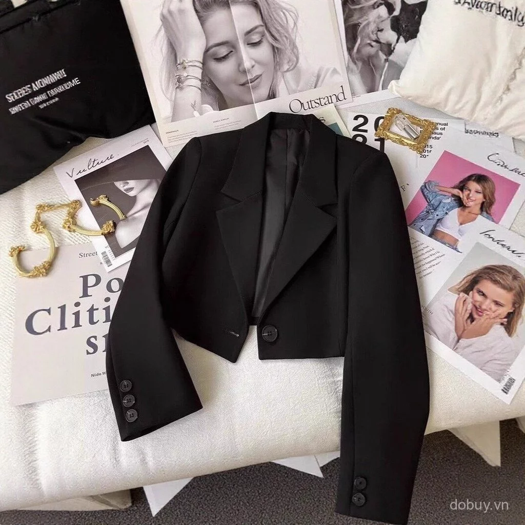 Áo khoác ngắn crop Blazer dành cho nữ, áo khoác ngắn tay có dây buộc màu đen đơn