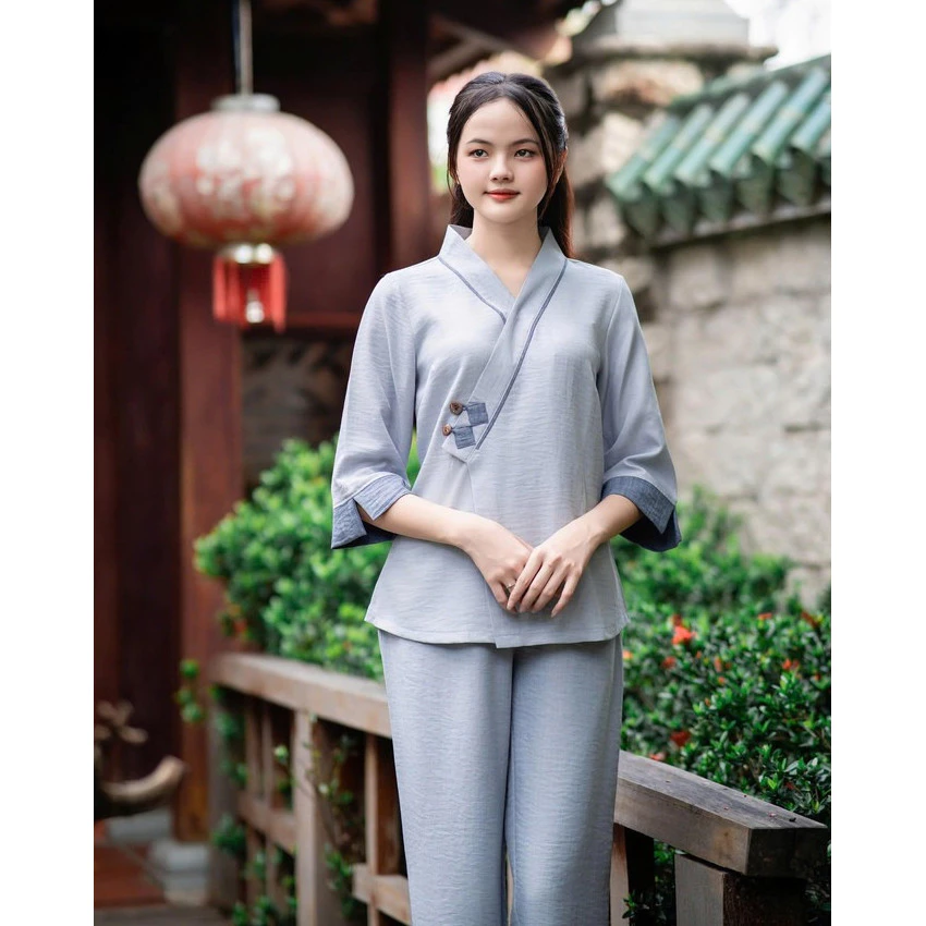 Đồ lam đi chùa nữ vải đũi vân mây siêu mát nhẹ cổ xéo nhật 2 nút gỗ dễ thương
