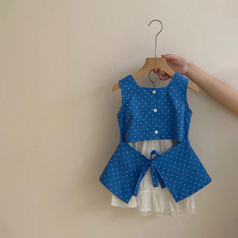 Bé Gái Mùa Hè Phong Cách Mới Phong Cách Hàn Quốc Chấm Bi Xanh Áo Vest Không Tay Thời Trang Ren Bộ Hai Mảnh