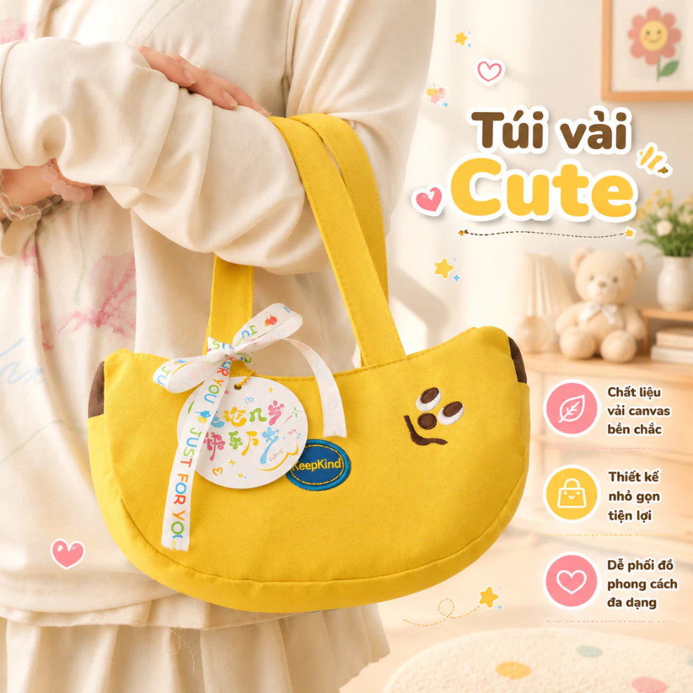 Túi Xách Vải Canvas Nữ Mini Dáng Cong Độc Lạ, Túi Đựng Đồ Cá Nhân Đi Du Lịch Họa Tiết Dễ Thương