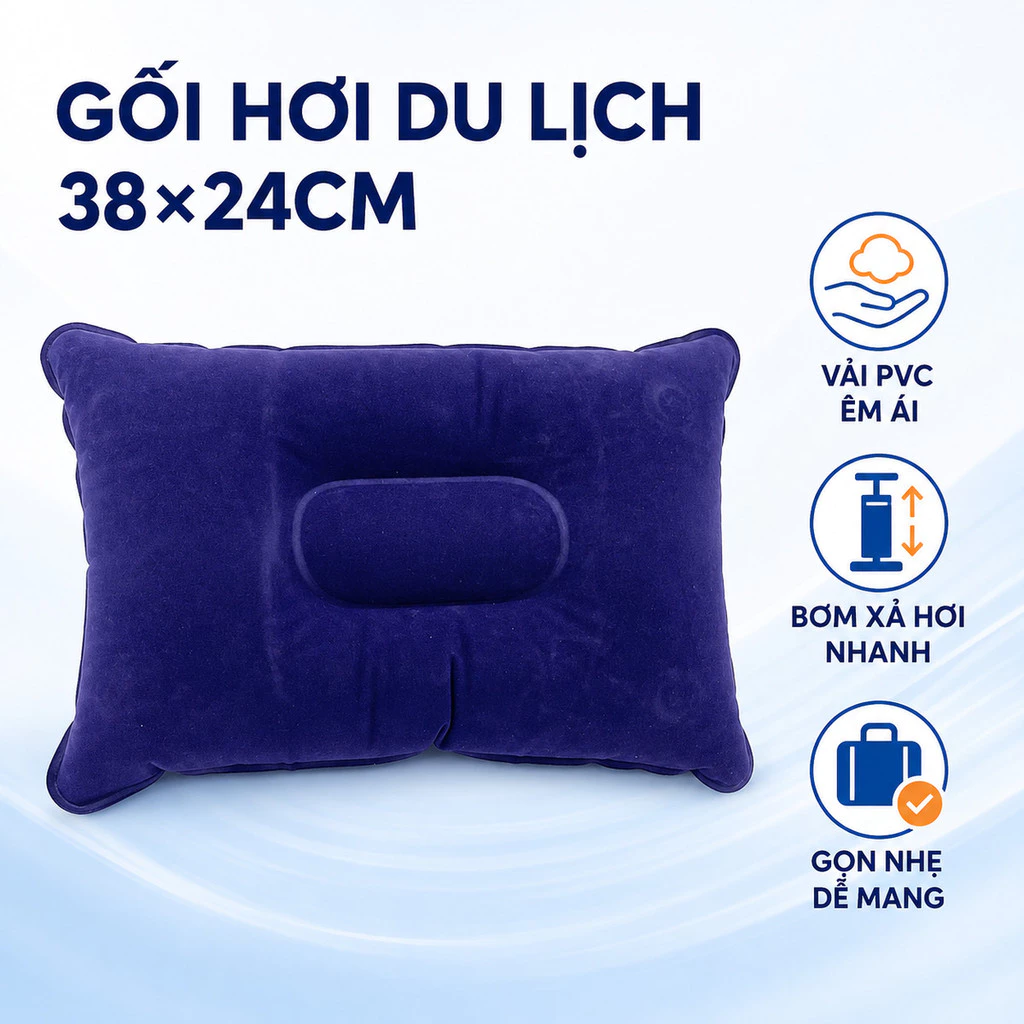 Gối Hơi Du Lịch Tựa Lưng 38x24cm, Gối Bơm Hơi Gấp Gọn Dùng Văn Phòng Ô Tô Máy Bay Tàu Xe