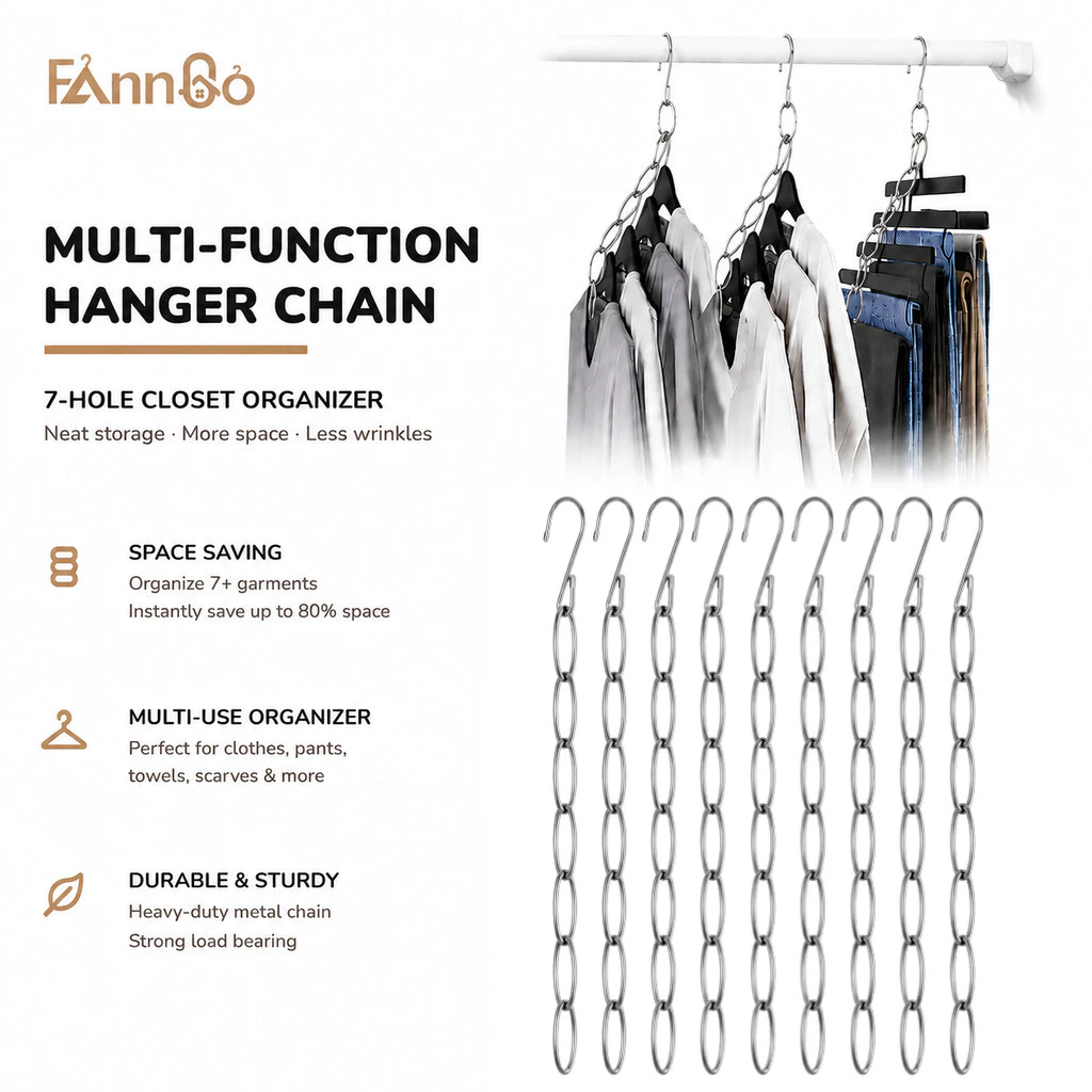 Dây chuyền móc treo kim loại đa chức năng FannGo, Dụng cụ sắp xếp tủ quần áo 7 lỗ cho ký túc xá, gia đình, văn phòng & du lịch, lưu trữ không nhăn