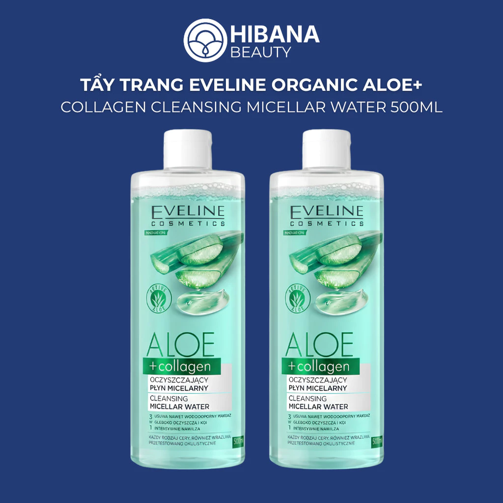Nước tẩy trang Eveline Cosmetics Organic Aloe + Collagen Cleansing Micellar Water 500ml