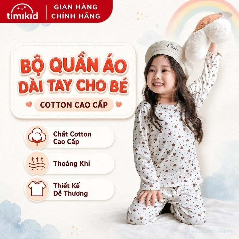 Bộ Quần Áo Dài Tay Cho Bé Gái Link Card ATB - Chất Cotton Cao Cấp Mềm Mịn, Thoáng Khí - Timikid