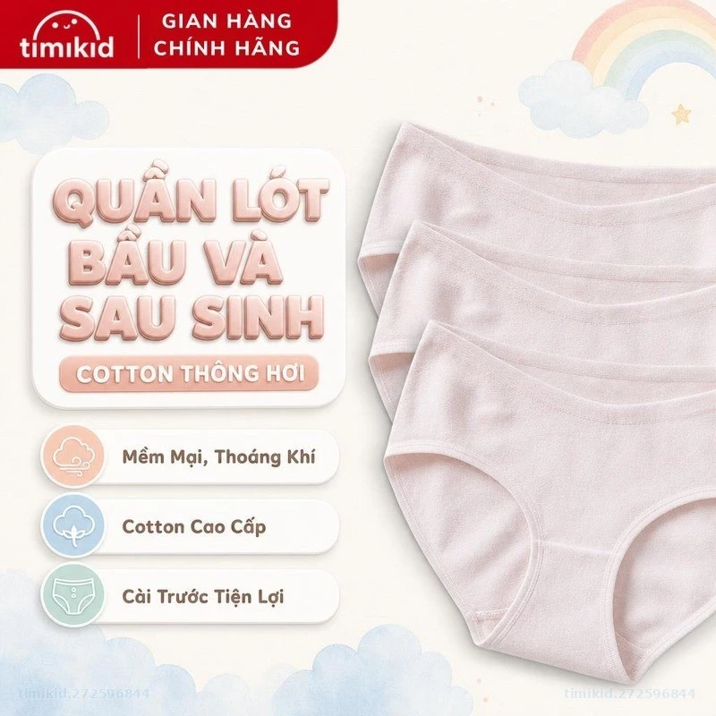 Quần Lót Bầu Và Sau Sinh Chất Cotton Thông Hơi Cao Cấp Kháng Khuẩn, Eo Thấp, Cạp Chữ V - Timikid
