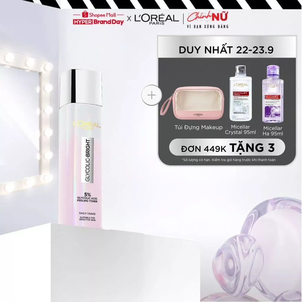 Nước Dưỡng Thúc Đẩy Tái Tạo Da, Làn Da Trông Sáng Và Căng Mịn L’Oreal Paris Glycolic Bright Peeling Toner 128Ml