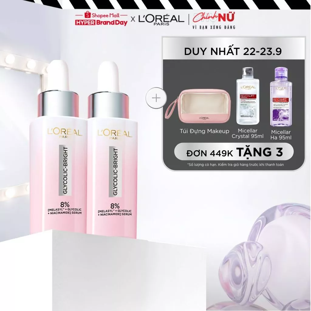 Bộ 2 Serum Glycolic Melasyl 8% [Melasyl+Glycolic+Niacinamide] dưỡng sáng da, mờ thâm mụn & nám Loreal Paris (30ml x2)