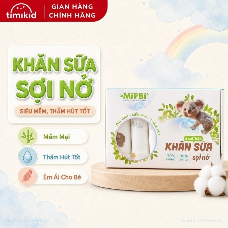 Khăn Sữa Sợi Nở MIPBI – Siêu Mềm, Thấm Hút Tốt – Hộp 6c