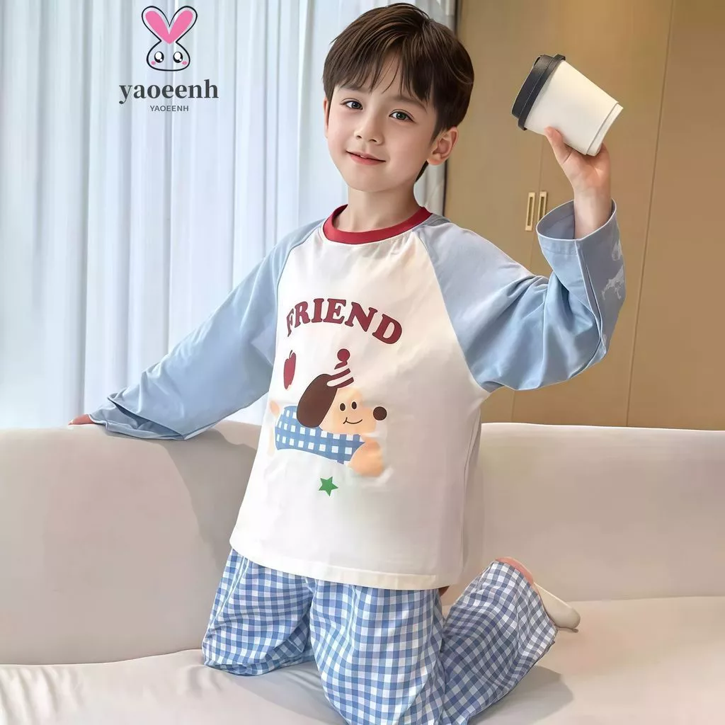【YAOEENH】80-160CM Trẻ Em Hoạt Hình Kẻ Sọc Loungewear Bộ Vừa Lớn Trẻ Em Màu Sắc Tương Phản Nhung Đức Bộ Đồ Ngủ Ngọt Ngào Hàng Sẵn Có Vận Chuyển Nhanh