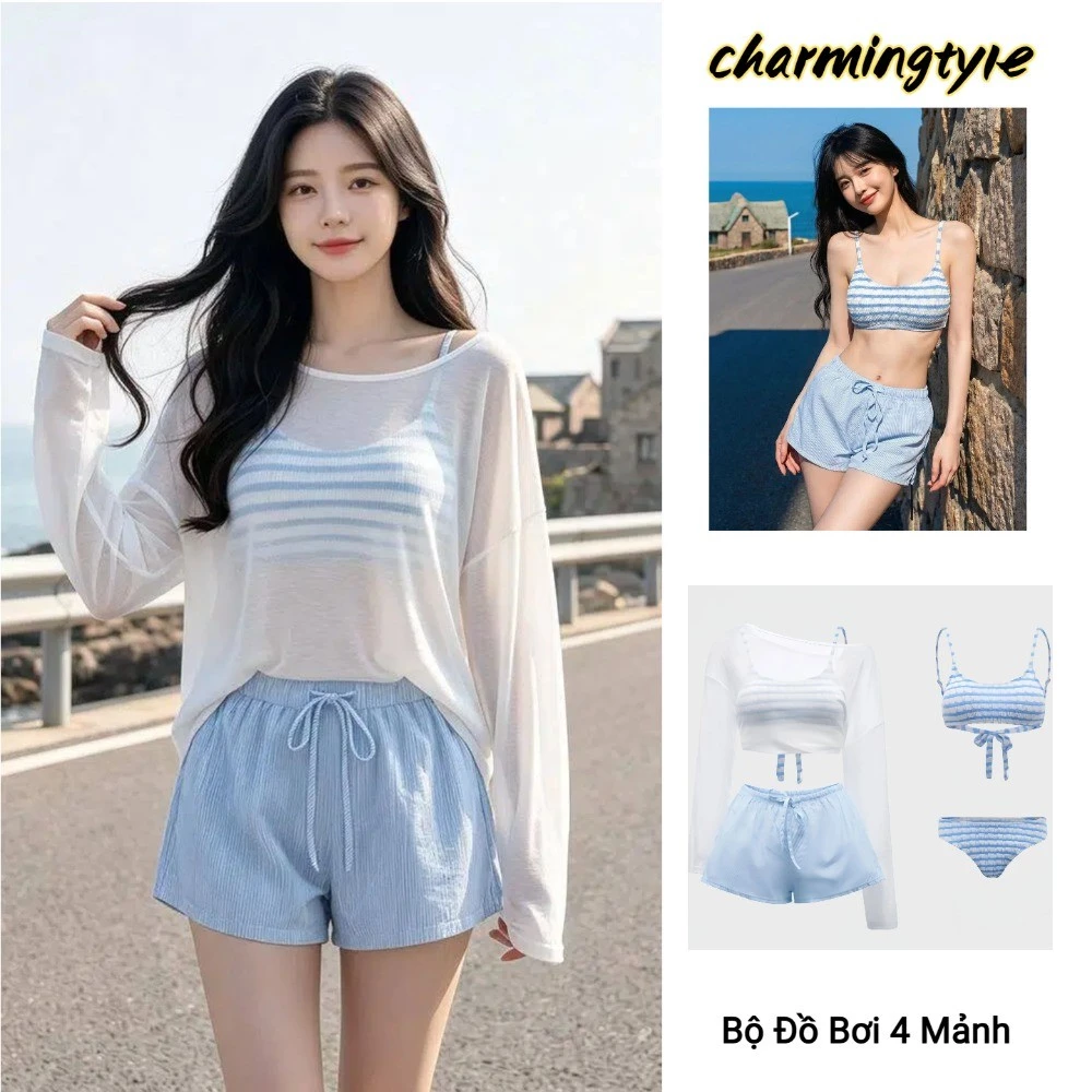 Bộ Đồ Bơi 4 Món Mùa Hè Mới Dành Cho Nữ: Bikini Hai Mảnh Kẻ Sọc Thời Trang, Quần Short Và Áo Khoác Dài Tay Chống Nắng