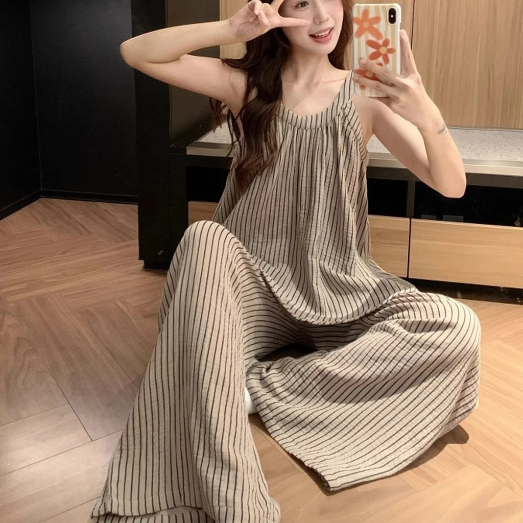 Bộ đồ ngủ mùa hè cotton pha lanh - Áo quai bản + quần dài - Phong cách thời trang, xu hướng INS - Mẫu hot được yêu thích - Đồ ngủ tại nhà thoải mái - Free ship ✅ Giao hàng trong ngày