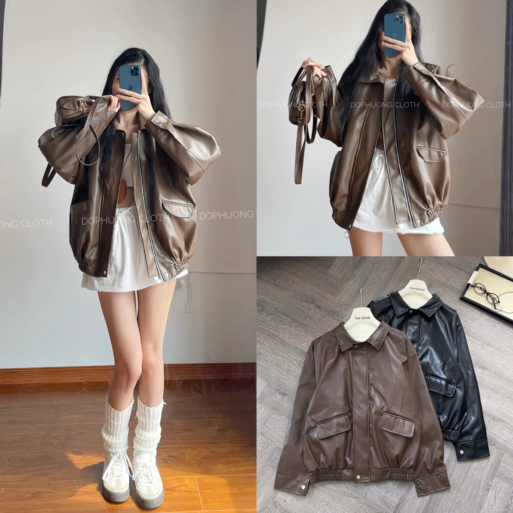 Áo da biker FORM TO QC túi hộp 2 lớp , Áo bomber da bo gấu phong cách Retro