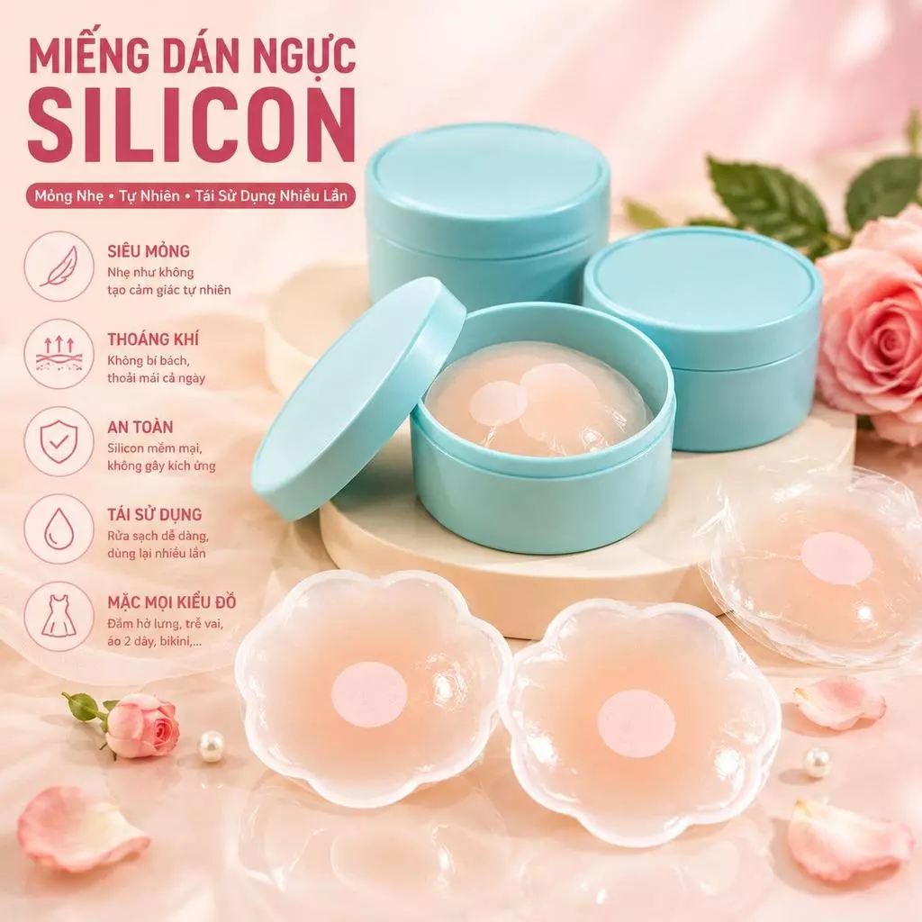 Miếng Dán Ngực Silicon Hộp 10 Miếng Tái Sử Dụng Nhiều Lần Mỏng Nhẹ Tự Nhiên Chống Lộ - GD354