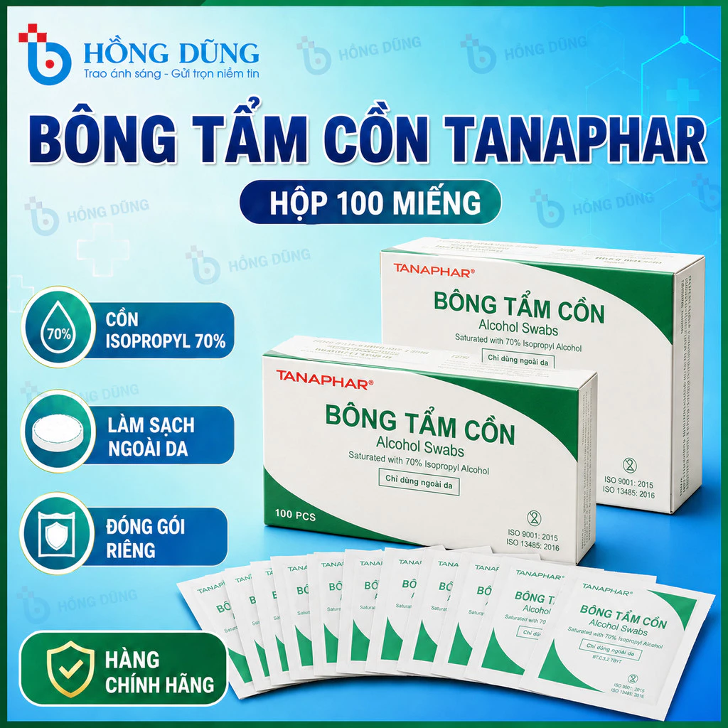Bông tẩm cồn Alcohol Swabs Tanaphar (Hộp 100 miếng) an toàn vệ sinh, tiện lợi làm sạch, khử trùng da
