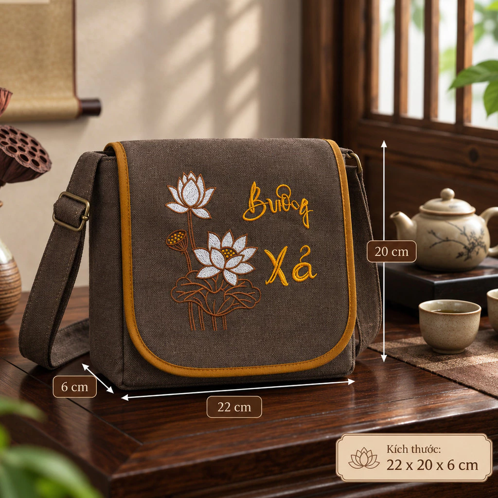 Túi đi chùa Buông Xả có nắp đựng áo tràng linen bố có tăng giảm chiều dài dây đeo 22x20x6cm