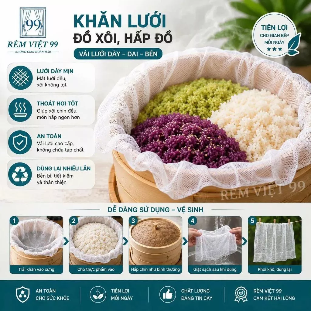 "Khăn lưới hấp xôi chất lượng cao, vải tuyn trắng an toàn và bền đẹp cho sức khỏe."