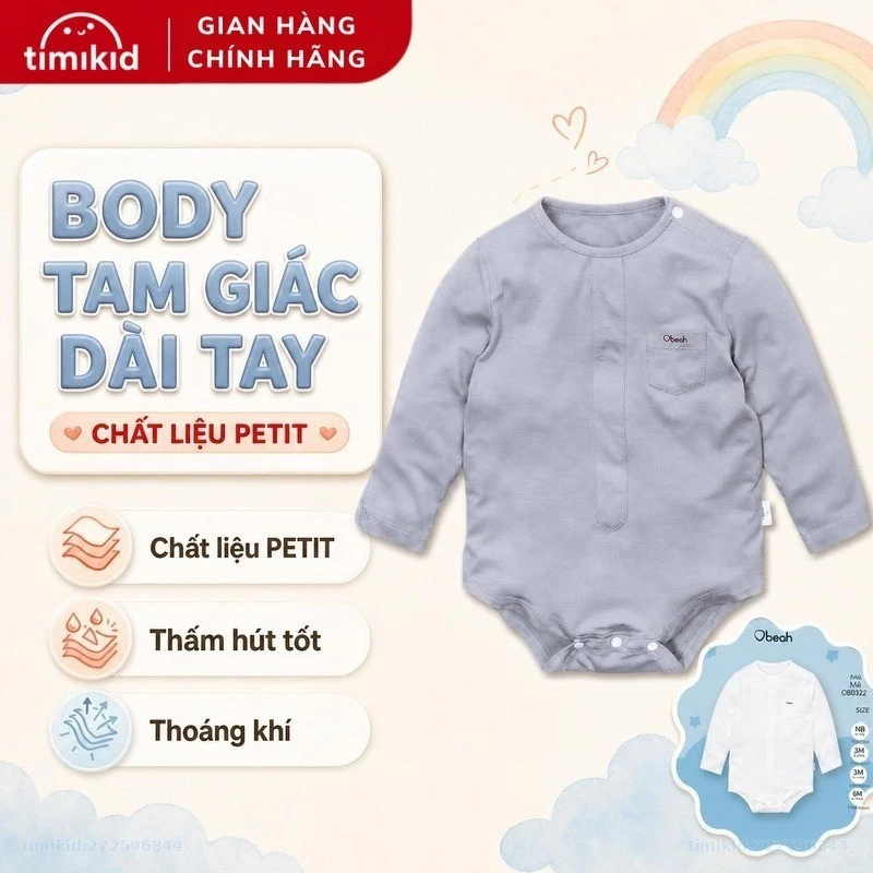 Bodysuit Cho Bé Chất Liệu Petit Obeah Cao Cấp - Body Tam Giác Dài Tay Cho Bé Từ 0 đến 24 Tháng