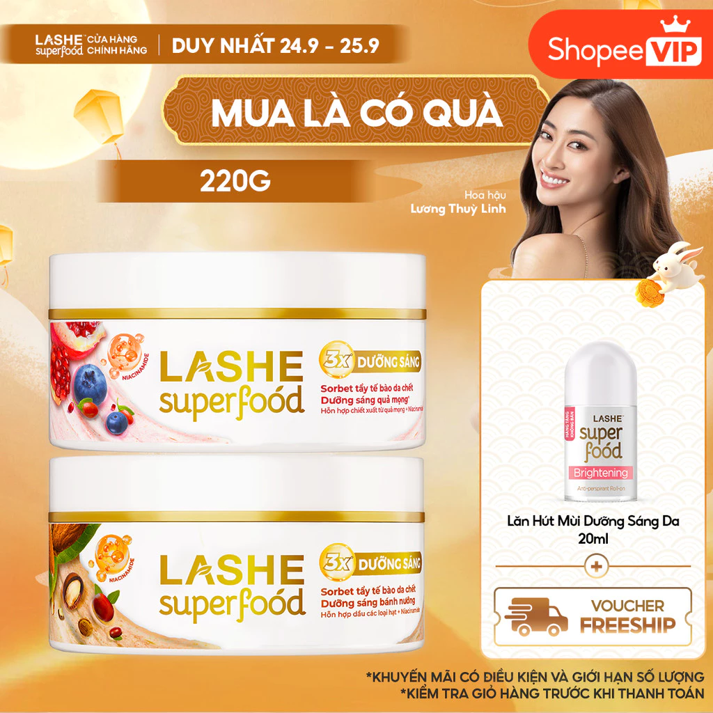 Kem Tuyết Tẩy Tế Bào Chết LASHE SUPERFOOD Dưỡng Sáng Da Hương Quả Mọng 240G / Hương Bánh Nướng 220G