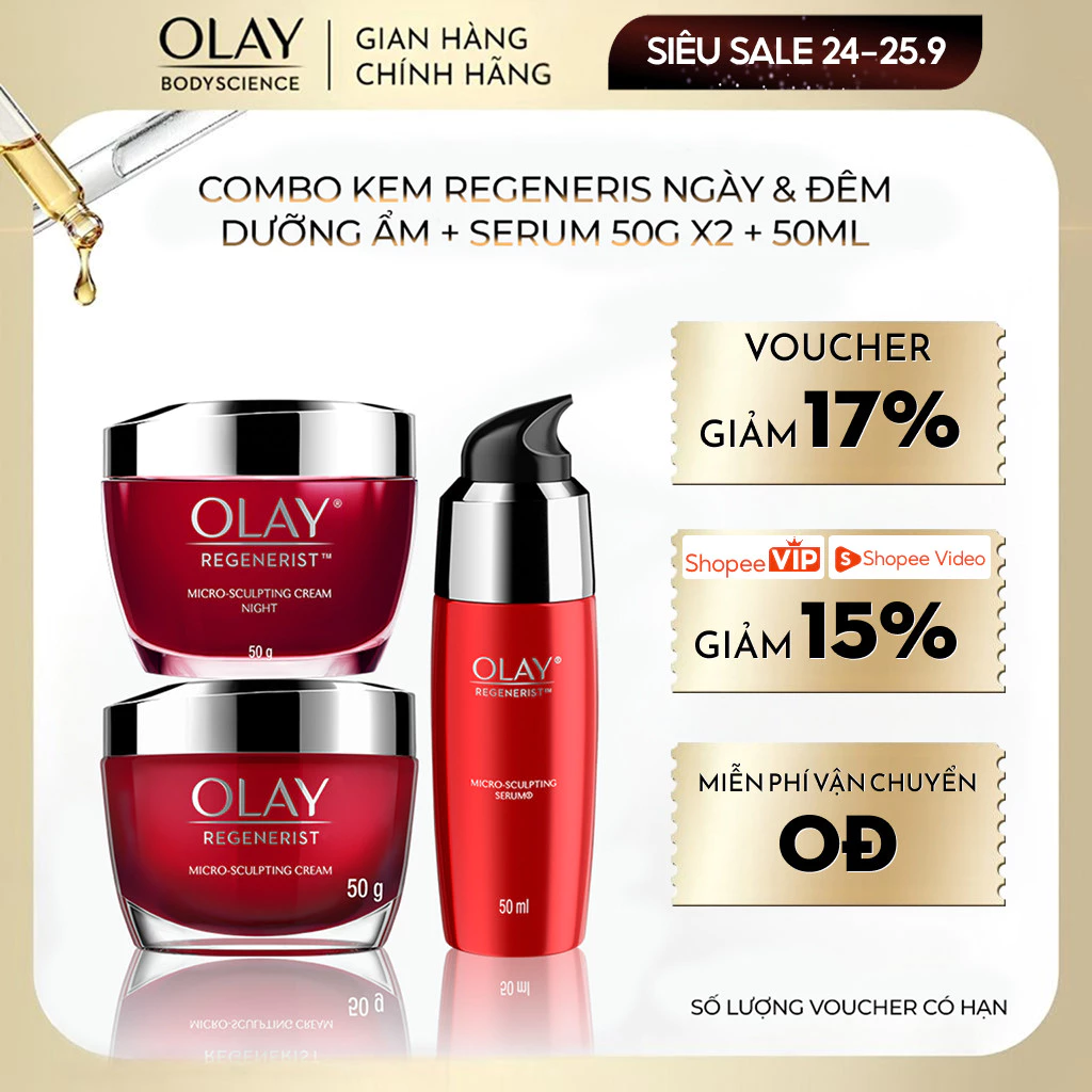 COMBO 3: Kem Dưỡng Ẩm Ngày & Đêm + Serum OLAY REGENERIST Căng Mướt, Sáng Khỏe & Phục Hồi Dấu Hiệu Lão Hóa